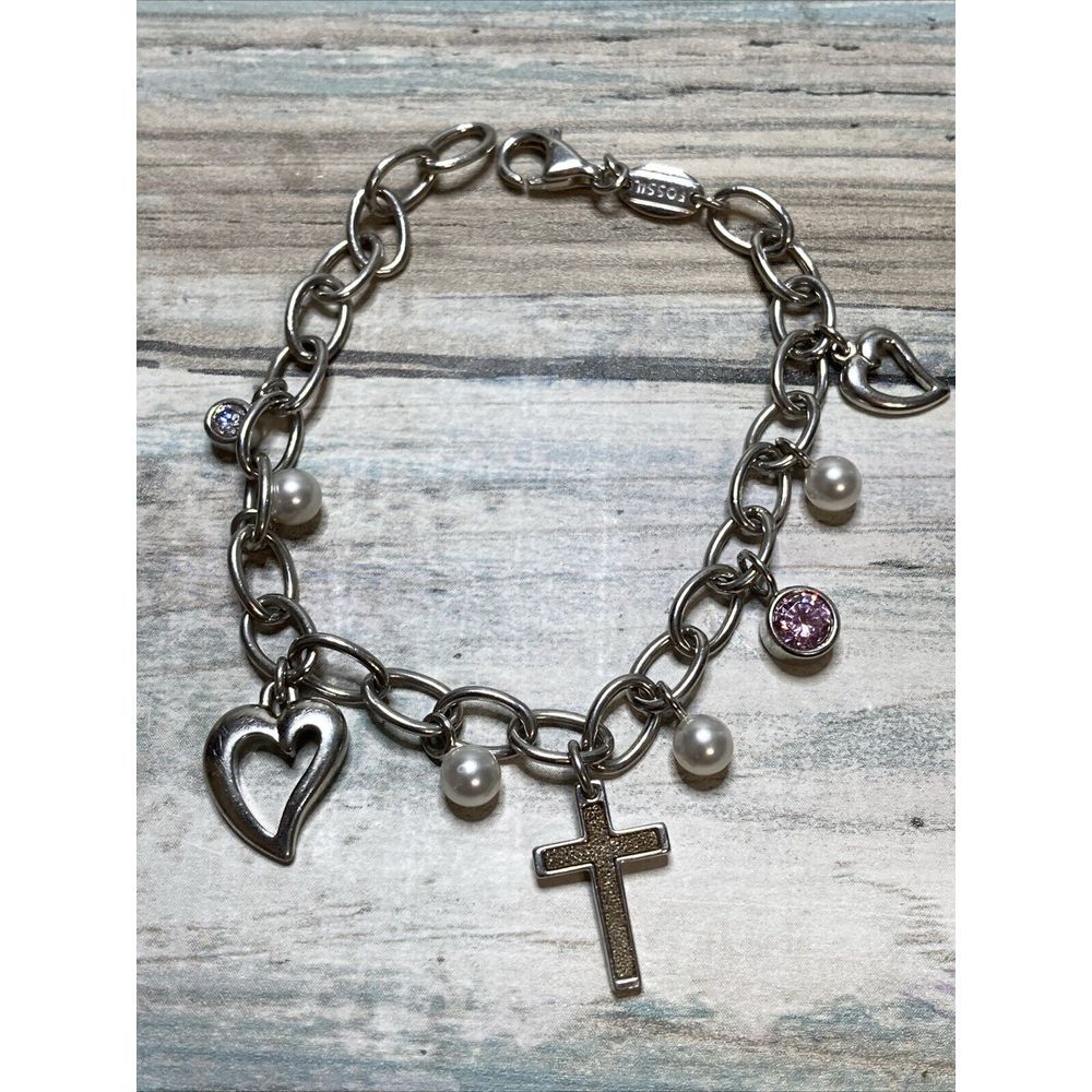 FOSSIL STERLING SILVER‎ .925 BRACELET PINK HEART CROSS PEARL CHARM 7" link chain